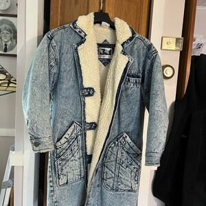 Vintage 70s/80s British Mist Long Acid Washed Denim Chore Jacket Womens Size Med